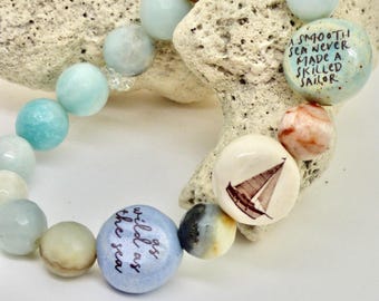 Amazonite Beaded Bracelet, Ocean Theme, Ceramic Art Jewelry