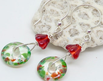 Artisan Modern Red and Green Earrings, One of a Kind Abstract Red Floral Glass Dangles, Holiday Statement  Art Jewelry, Gift for Her