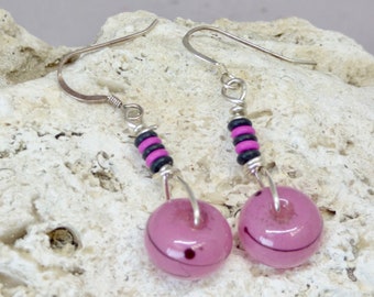 Berry Stripe Earrings, Stripes and Dots, Sterling Rose and Black Glass Dangles, Bold Statement Contemporary Art Jewelry, Pink drops,  Gift