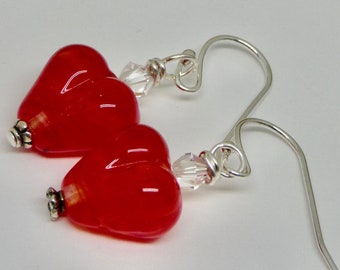 Red Heart Lampwork Earrings with Hand Forged Sterling Silver Ear Wires and clear Swarovski crystals Valentine or Anniversary Gift for Wife