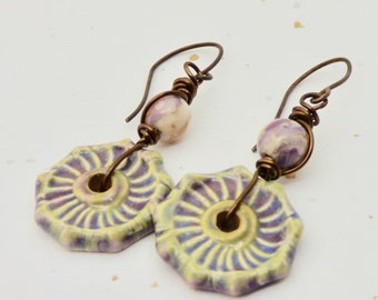 Lilac Earrings, Textured Ceramic Geometric Dangles with Agate, Lavender Art Jewelry, Purple Boho Circle Earrings, Gift Under 30