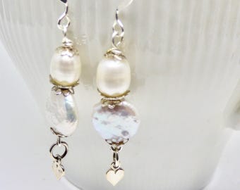 Freshwater coin and potato pearls with tiny hearts,  white wedding drops