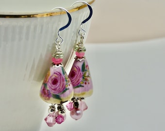 Pink Floral Earrings,  Flower Bell Shaped Dangles, Nature Art Jewelry, Sterling Botanical Statement Earrings, Feminine Drops, Gift for her