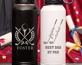 Personalized Golf Water Bottle for Dad, Custom Engraved Father’s Day Gift, Golfing Grandpa Sports Flask, Laser Etched Tumbler with Name