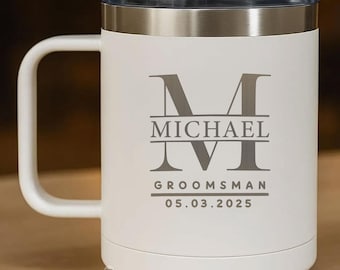 Engraved 15oz Stainless Steel Coffee Mug, Personalized Groomsman, Wedding Gift