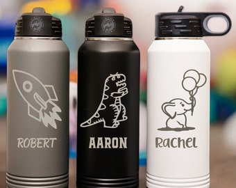 Personalized Kids Water Bottle with Straw, Laser Engraved