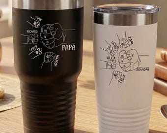 Personalized Dad Fist Bump Tumbler, Custom Kids Names Stainless Steel Cup, Father's Day Gift
