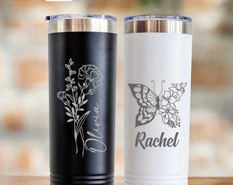 Personalized Birth Flower Tumbler, Engraved Stainless Steel 22oz Skinny Tumbler