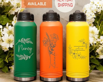 Custom Birth Flower Engraved Water Bottle, Personalized Gift