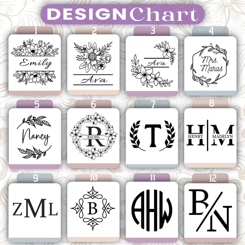 May include: Design chart with 12 different monogram and name designs. The designs include floral wreaths, initial monograms, and names written in a variety of fonts.
