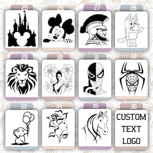May include: A grid of 12 black and white images, each with a different design. The images are numbered 25 through 36. The last image has the text "CUSTOM TEXT LOGO".