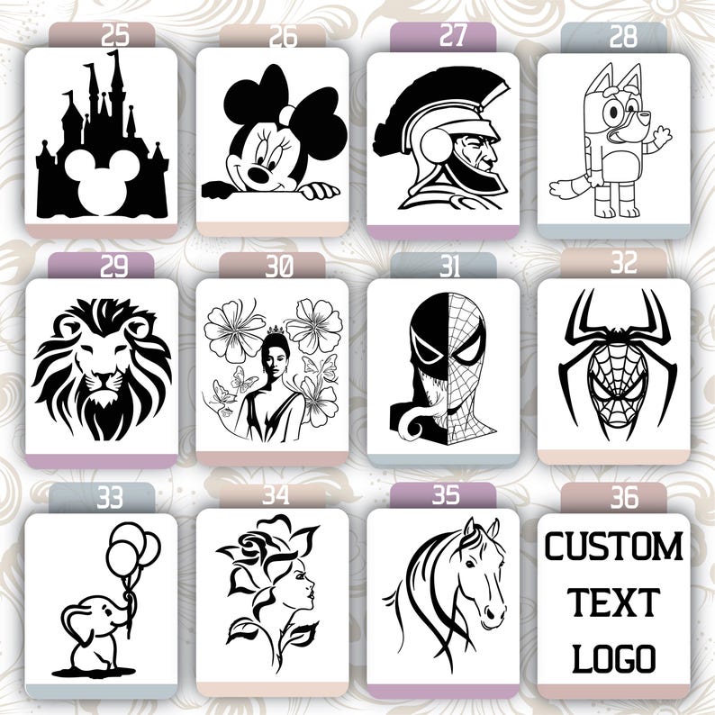 May include: A grid of 12 black and white images, each with a different design. The images are numbered 25 through 36. The last image has the text "CUSTOM TEXT LOGO".
