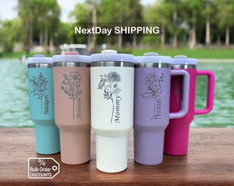 Personalized Birth Flower 40oz Tumbler With Handle and Straw