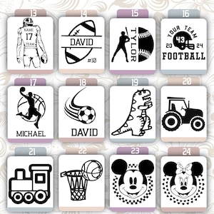 May include: A set of 12 black and white iron-on transfers for customizing clothing or other items. The transfers feature a variety of designs, including sports, animals, and cartoon characters. The designs are numbered 13 through 24.