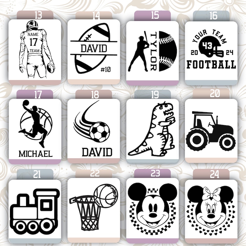 May include: A set of 12 black and white iron-on transfers for customizing clothing or other items. The transfers feature a variety of designs, including sports, animals, and cartoon characters. The designs are numbered 13 through 24.