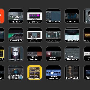 Puede incluir: Una cuadrícula de iconos coloridos que representan diferentes plugins de efectos de audio para software de producción musical. Los iconos incluyen nombres como "Fruity Love Philter", "Pro-Q 3", "Kickstart 2", "Valhalla Room", "Fresh Air", "Transient Master", "Auto-Tune", "PanCake2" y "Wider".