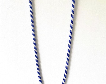 Vintage 1970s White and Blue Seed Bead Crochet Necklace. Perfect for a patriotic party. Rope style, no clasp.