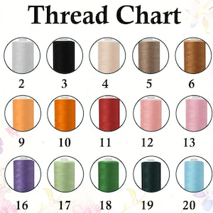May include: A thread chart with 21 color options. The chart includes a variety of colors, from white and black to vibrant shades of orange, red, pink, and blue. The text "Thread Chart" is at the top.