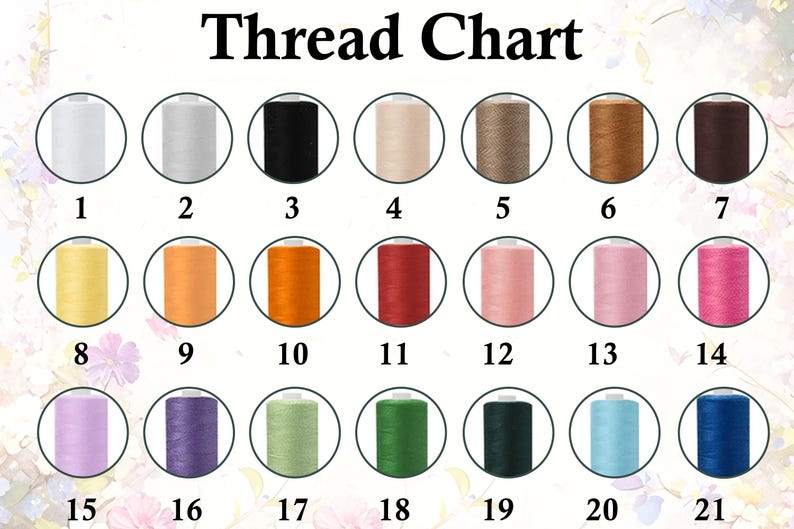 May include: A thread chart with 21 color options. The chart includes a variety of colors, from white and black to vibrant shades of orange, red, pink, and blue. The text "Thread Chart" is at the top.