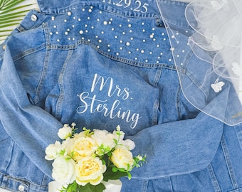 Bestickte Braut Jeansjacke, personalisierte Perle Frau Jeansjacke für Braut - Benutzerdefinierte Hochzeits-Denimjacke, benutzerdefinierte Brautjacke