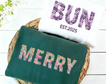 Custom Embroidered Floral Letter Sweatshirt, Custom Text Sweatshirt with Flowers, Personalized Christmas Gift, Custom Embroidered Crewneck