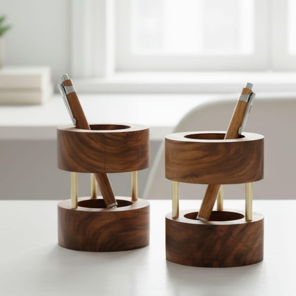 Set of 2 Luxury Walnut Pen Holder Duo Set – Luxury Wooden Desk Organizer – Minimalist Office Gift for Men