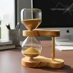 Può includere: Una clessidra con base e struttura in legno e una lampadina in vetro trasparente. La sabbia è di colore giallo chiaro. La clessidra è sostenuta da un'asta metallica color oro. La base in legno ha una venatura naturale.