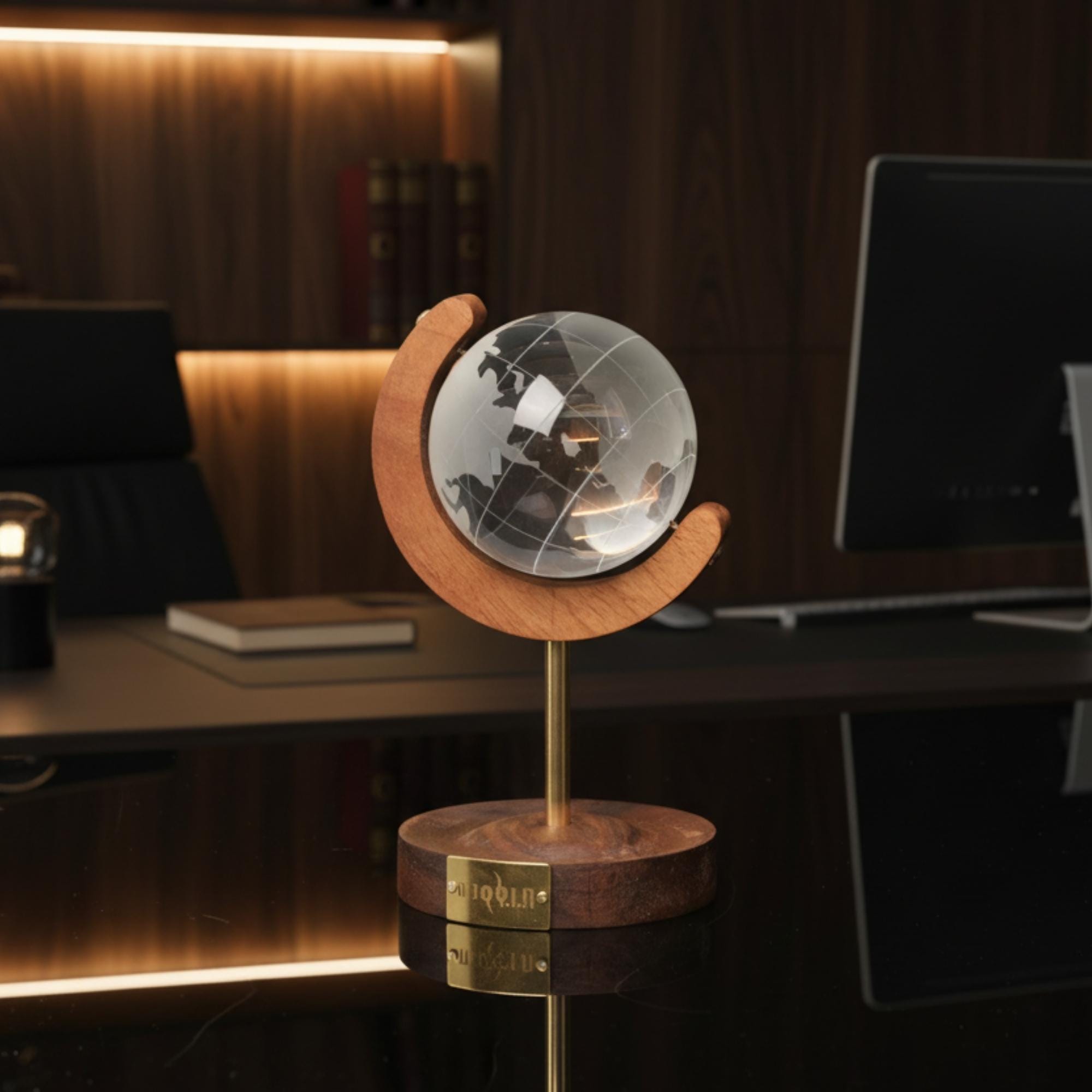 Walnut & Brass Desk Globe - Glass World Map, Minimalist Office Decor, Luxury Executive Gift, Modern Desktop Ornament for Boss, Traveler