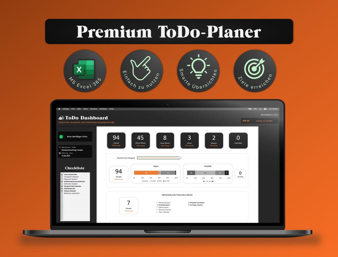 MS Excel Template Todo Planner Calendar Checklist Kanban, Jour Fixe ...