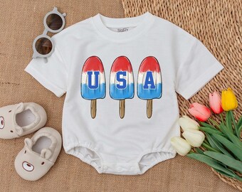 Independence Day Baby Romper, Newborn Boys Girls Outfits, Summer Outfit, USA Ice Cream Romper, 4th of July Bodysuit, Made In America Tee