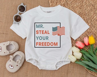 Mr Steal Your Freedom Romper, Independence Day Outfits, Patriotic Day Clothes, Newborn 4th Of July Bodysuit, Memorial Day, USA Flag Romper