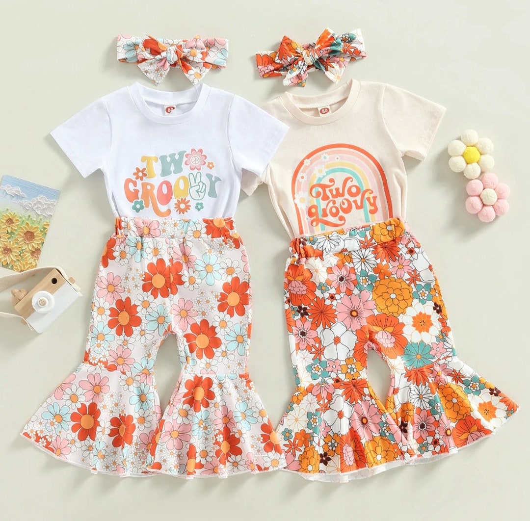 Baby Girls Pants Set Two Groovy Flower Outfit Retro Clothes Etsy