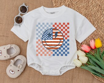 First 4th of July Romper, Retro Smile Face Bodysuit, Newborn Independence Day Outfits, Patriotic Day Clothes, Memorial Day, USA Baby Romper