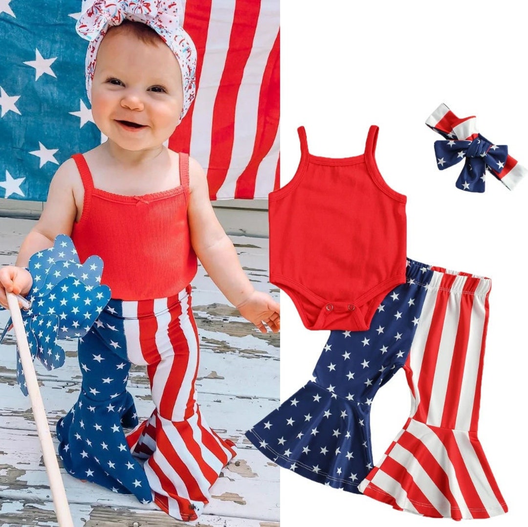 American Flag Baby Bell Bottoms Set, Baby Girl Fourth of July Outfit