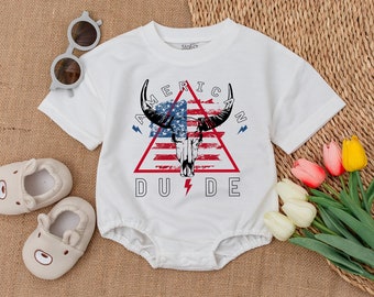 America Dude Bull USA Flag Romper, First 4th of July, Memorial Day, Newborn Independence Day Outfit, Patriotic Day Clothes, Western Outfit