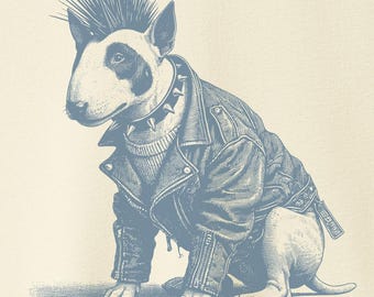 May include: Cream-colored t-shirt featuring a blue illustration of a Bull Terrier wearing a leather jacket and a spiked collar. The dog has a mohawk hairstyle. The shirt has a crew neck and short sleeves. The Taco Dog logo is in the upper right corner.