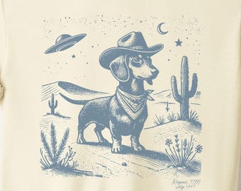 Dachshund Shirt, Doxie Vintage Shirt UFO Western Shirt, Retro T-Shirt, Cowboy TShirt, Wild West, Dogful DogMom, Dogfulness Shirting Weenie