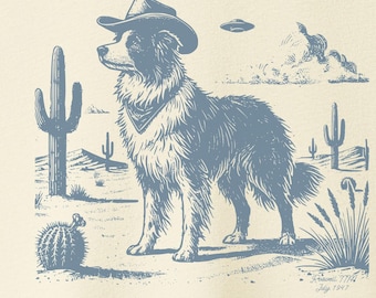 Border Collie Shirt, Vintage Dog Shirt, UFO Western Shirt, Stetson Cowboy Dog, Cowboy TShirt, Wild West, Dog Gifts, Dog Mom, Dog Dad, Border