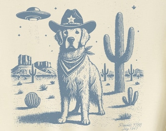 Golden Retriever, Vintage Dog Shirt, UFO Western Shirt, Retro T-Shirt, Cowboy Dog TShirt, Golden Mom, Golden Dad, Golden Retriever Gift
