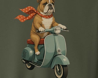 Camiseta vintage de Bulldog Inglés con Scooter - Camiseta de Perro Sudadera Sudadera Taco Perro