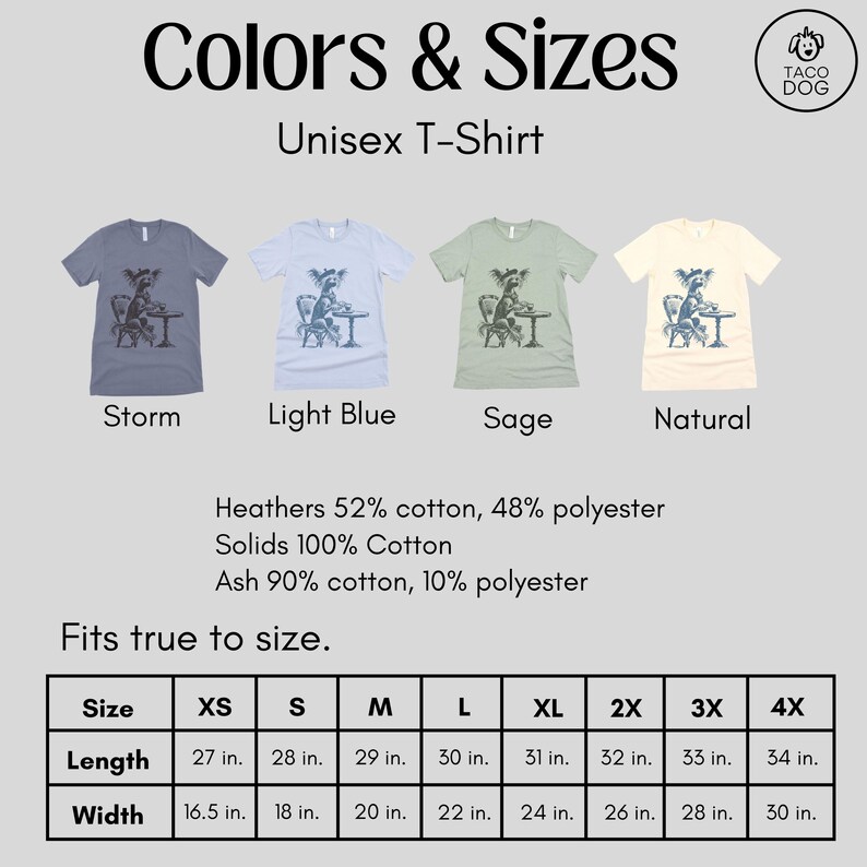 May include: Unisex T-shirt available in five colors: Storm, Light Blue, Sage, Natural, and Ash. The size chart shows measurements in inches for XS, S, M, L, XL, 2X, 3X, and 4X.