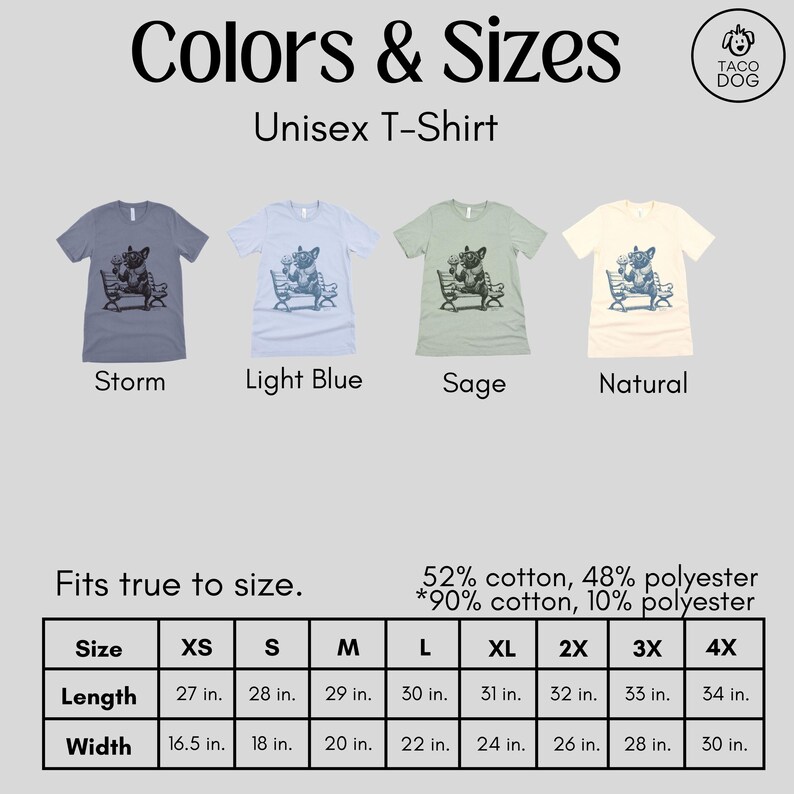 May include: Unisex T-shirts in four colors: Storm, Light Blue, Sage, and Natural. Each shirt features a graphic of a dog on a bench. Sizes range from XS to 4X, with lengths from 27 to 34 inches and widths from 16.5 to 30 inches. Made of cotton and polyester.