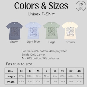 May include: Unisex T-shirt size chart with different color options: Storm, Light Blue, Sage, and Natural. The chart shows the length and width measurements in inches for sizes XS, S, M, L, XL, 2X, 3X, and 4X. The text "Heathers 52% cotton, 48% polyester, Solids 100% Cotton, Ash 90% cotton, 10% polyester" is also included. The text "Fits true to size." is also included.