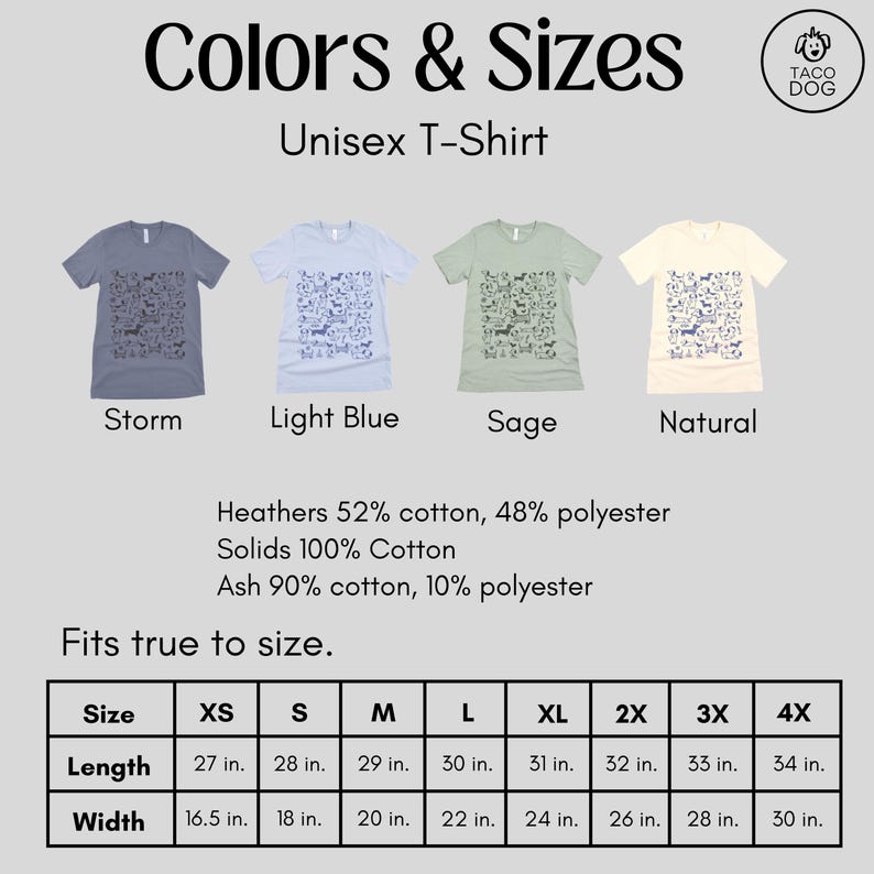 May include: Unisex T-shirt size chart with different color options: Storm, Light Blue, Sage, and Natural. The chart shows the length and width measurements in inches for sizes XS, S, M, L, XL, 2X, 3X, and 4X. The text "Heathers 52% cotton, 48% polyester, Solids 100% Cotton, Ash 90% cotton, 10% polyester" is also included. The text "Fits true to size." is also included.