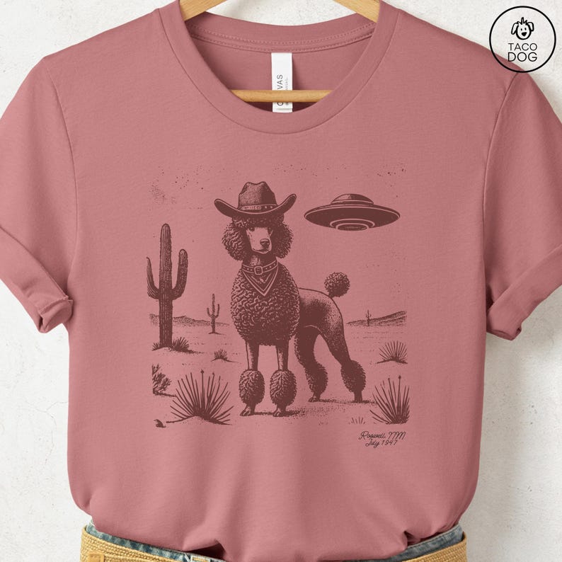 Poodle Shirt, Poodle Vintage Shirt UFO Western Shirt, Retro T-Shirt, Cowboy TShirt, Wild West, Dogful DogMom, Dogfulness Shirting Heather Mauve T
