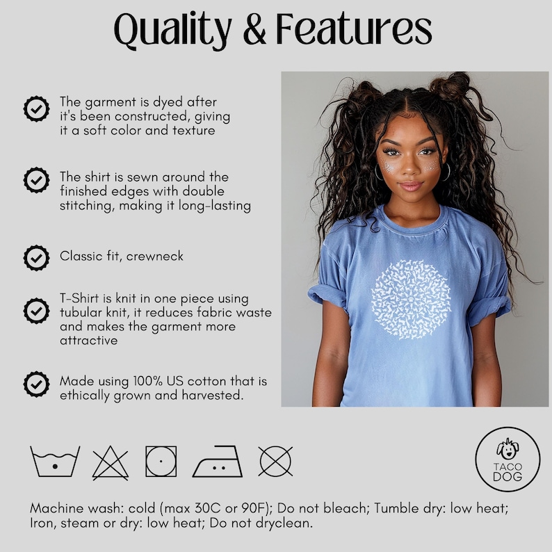 May include: A light blue t-shirt with a white floral design. The shirt is made of 100% US cotton and is ethically grown and harvested. The shirt is machine washable and tumble dry safe. The shirt is a classic fit with a crew neck.