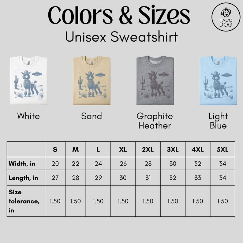 May include: Unisex sweatshirt size chart with measurements in inches. The chart shows the width and length of the sweatshirt in inches for sizes S, M, L, XL, 2XL, 3XL, 4XL, and 5XL. The chart also includes a size tolerance of 1.50 inches.