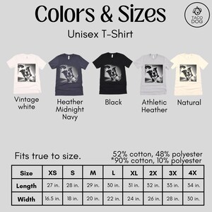 May include: Unisex T-shirt size chart with measurements in inches. The chart shows the length and width of the shirt in different sizes, from XS to 4X. The shirt is available in a variety of colors, including vintage white, heather midnight navy, black, athletic heather, and natural.