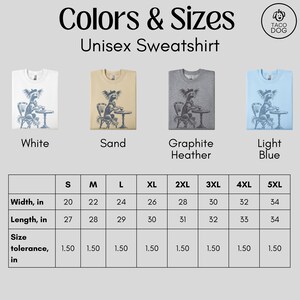 May include: Unisex sweatshirt size chart with measurements in inches. The chart shows the width and length of the sweatshirt in inches for sizes S, M, L, XL, 2XL, 3XL, 4XL, and 5XL. The chart also includes a size tolerance of 1.50 inches. The sweatshirt is available in five colors: white, sand, graphite heather, light blue, and black.