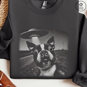 May include: A black and white photo of a Boston Terrier dog looking up at a UFO. The dog has a surprised expression on its face. The UFO is hovering above the dog, casting a beam of light down on it.
